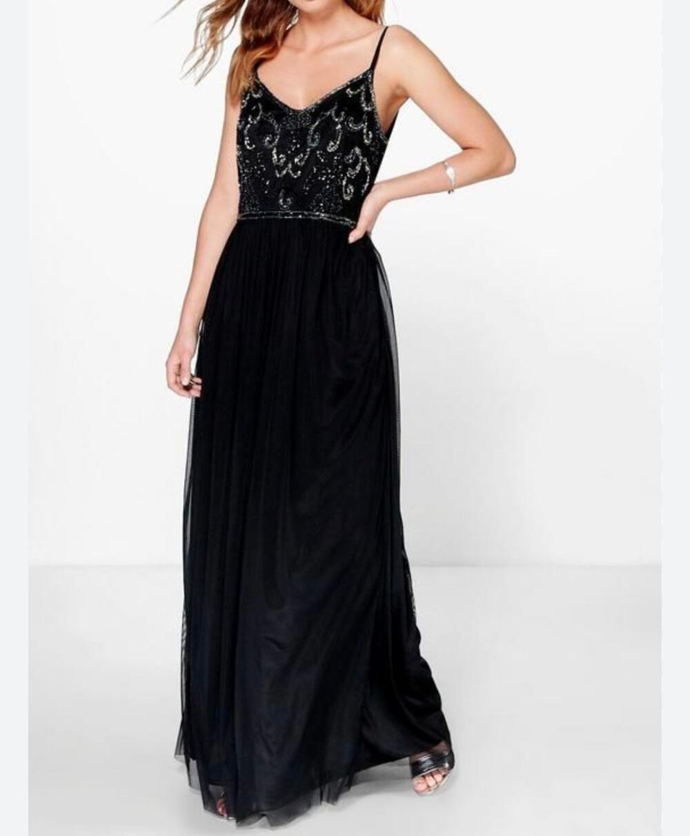 Boohoo Lisa Boutique Embellished Prom Maxi Dress Black UK Size 4